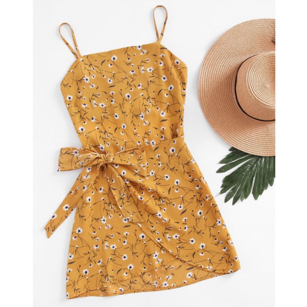 Yellow Floral Wrap Mini Dress